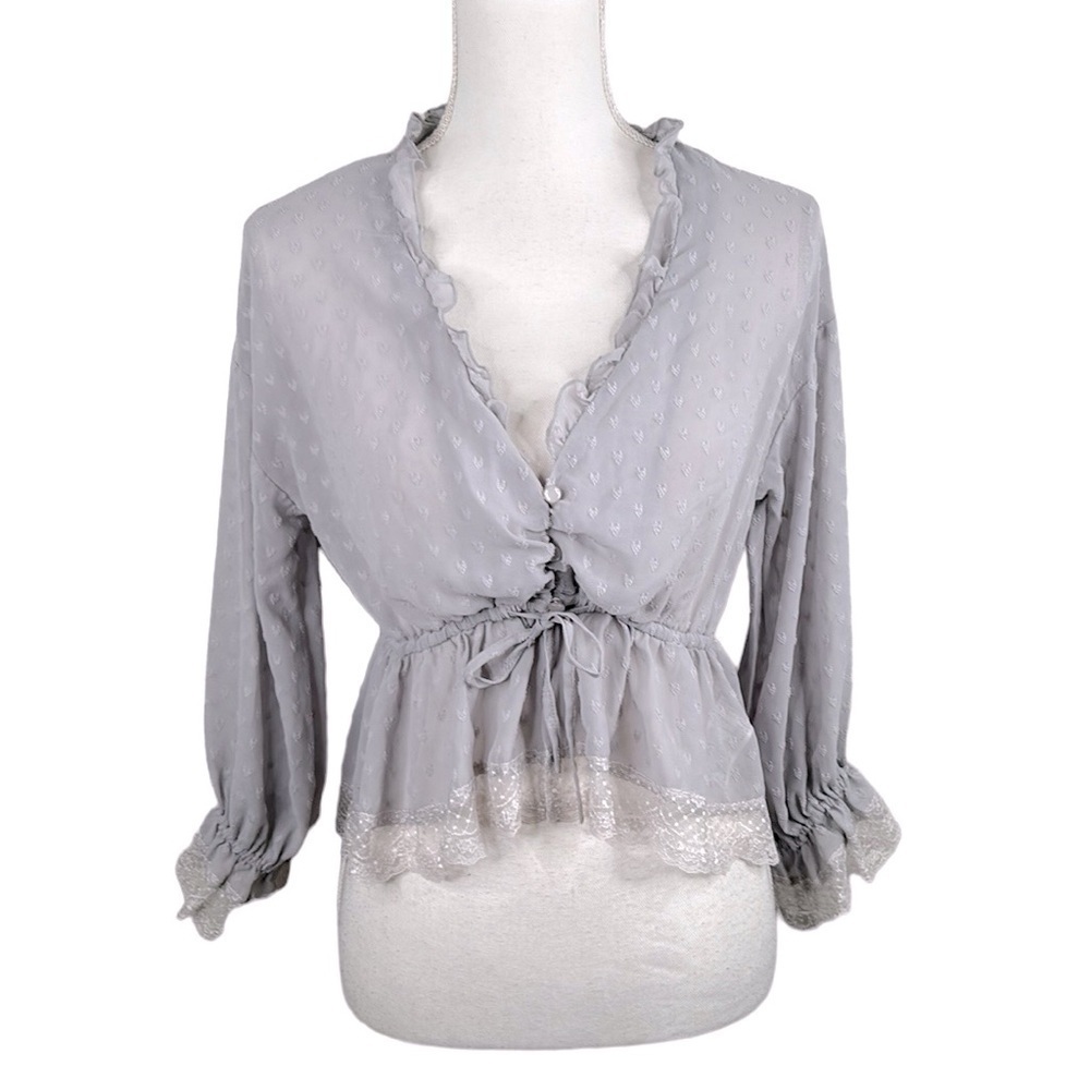 Boho Gray Sheer Lace Romantic‎ V-Neck Top Size Small